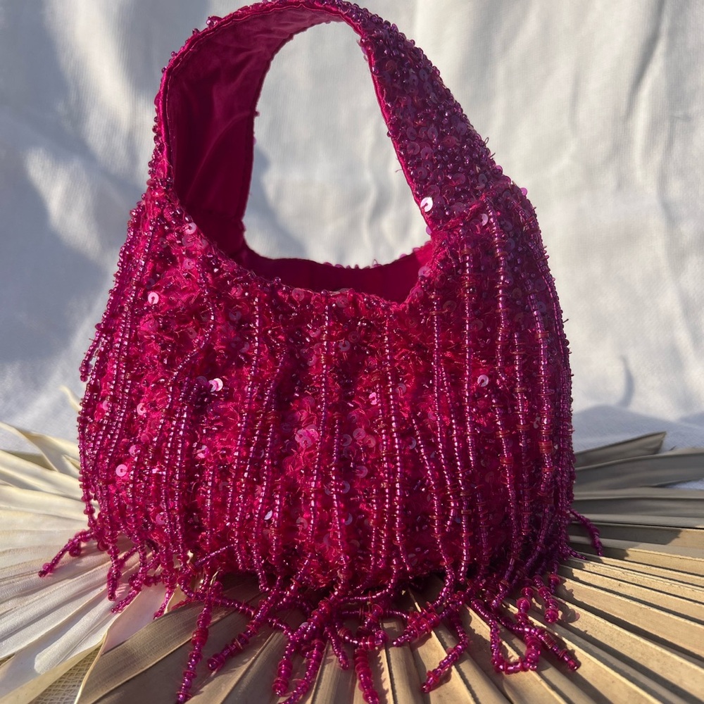 Fuchsia Beaded Mini Bag with Fringe - Elegant Evening Mini